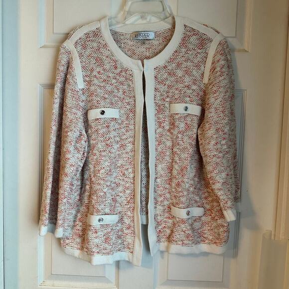 Kasper Pink White Trim Crochet 3/4 Sleeve Faux Pocket Cardigan Jacket Sz 2X - Picture 1 of 8
